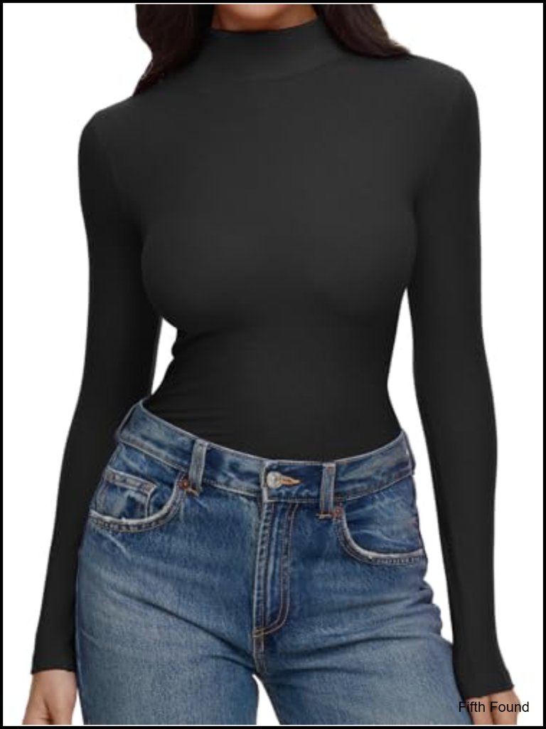Mock Neck Long Sleeve Ribbed Top 4-Way Stretch Women's Turtleneck Shirt